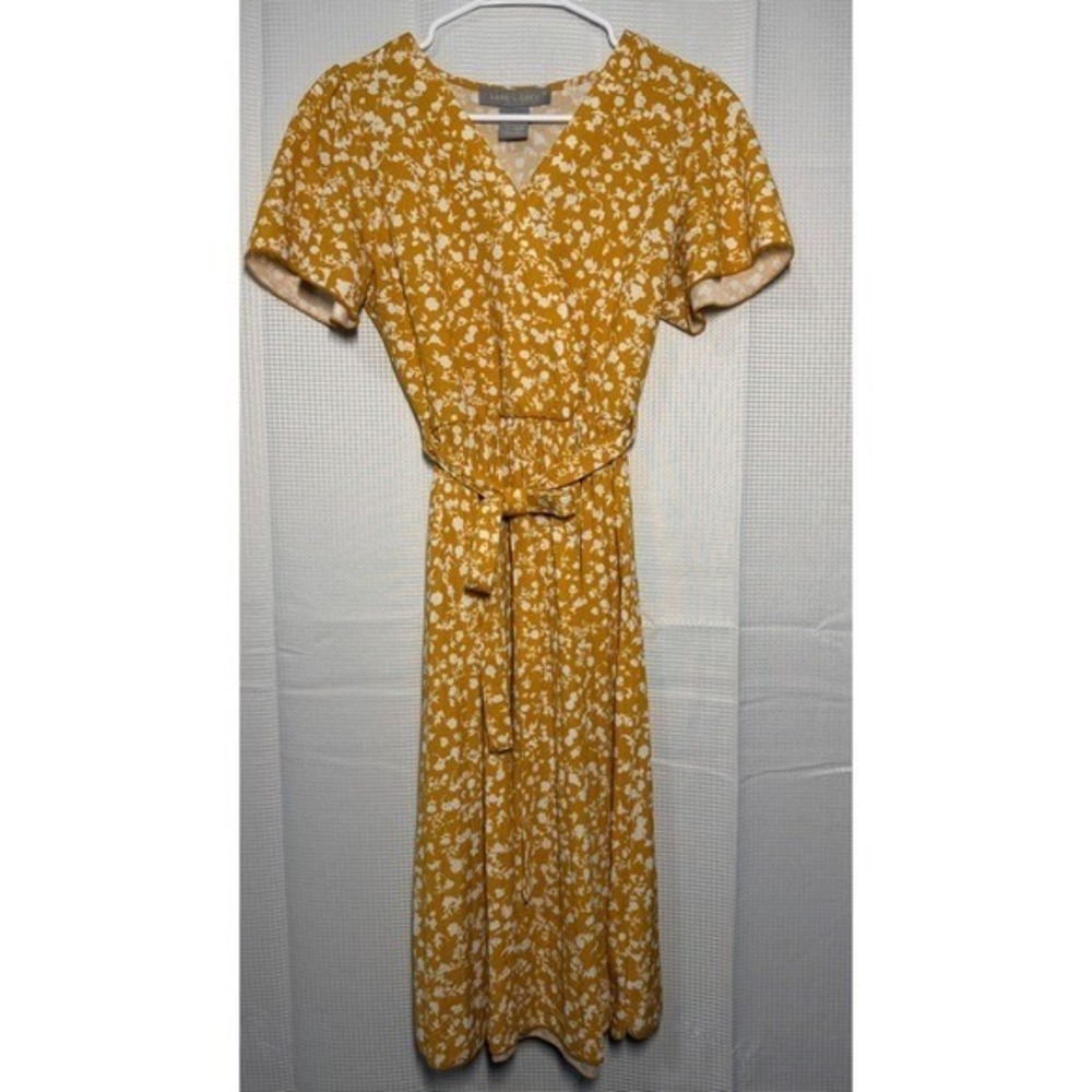 Lark + Grey Midi Dress Mustard Yellow Floral Faux Wrap Tie‎ Waist Small Boho